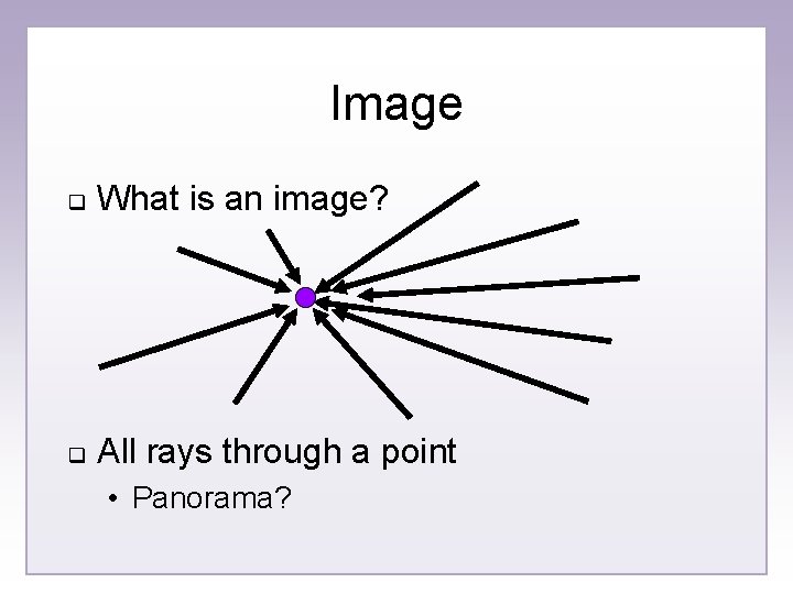 Image q What is an image? q All rays through a point • Panorama?