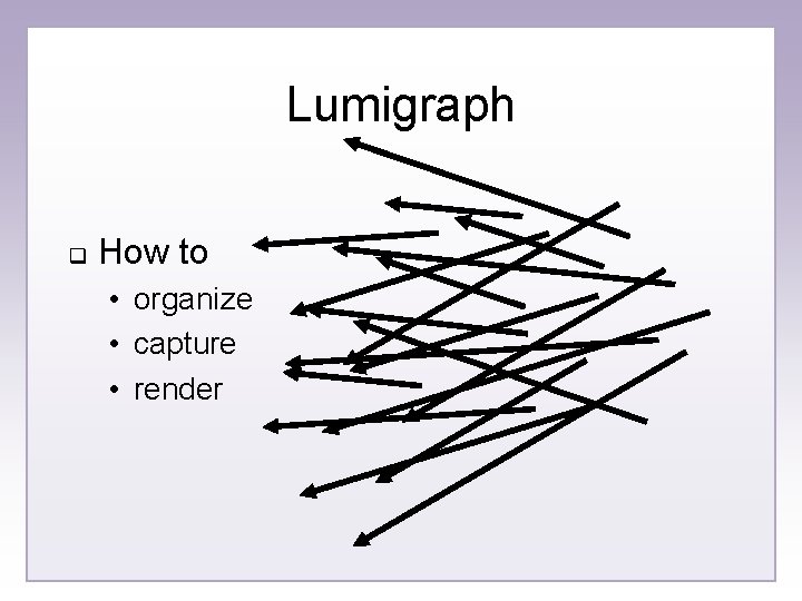 Lumigraph q How to • organize • capture • render 