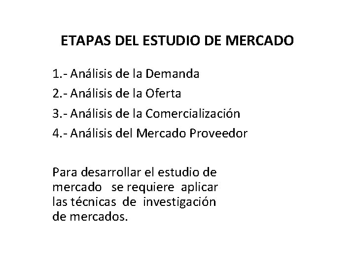 ETAPAS DEL ESTUDIO DE MERCADO 1. - Análisis de la Demanda 2. - Análisis