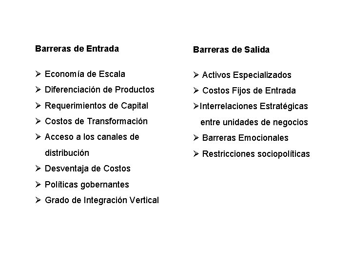 Barreras de Entrada Barreras de Salida Ø Economía de Escala Ø Activos Especializados Ø