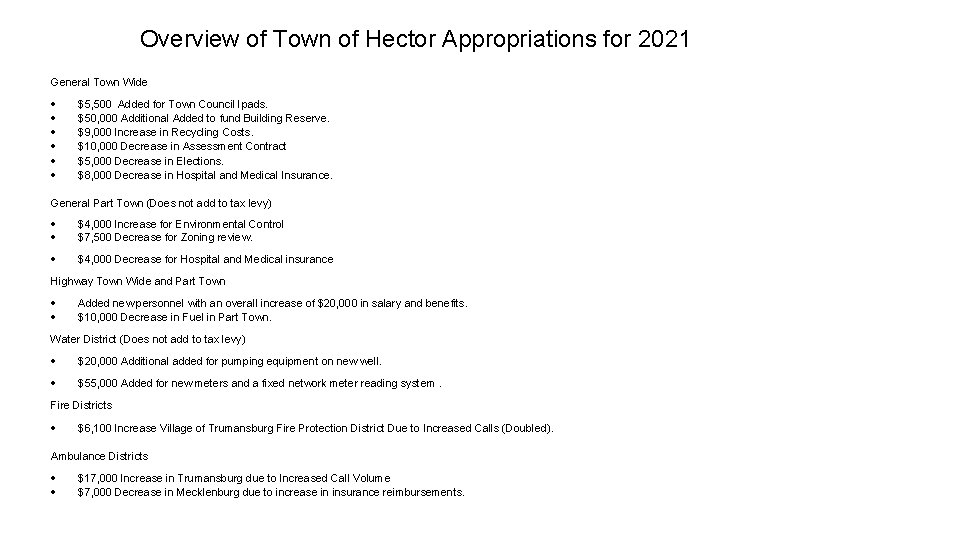 Overview of Town of Hector Appropriations for 2021 General Town Wide $5, 500 Added