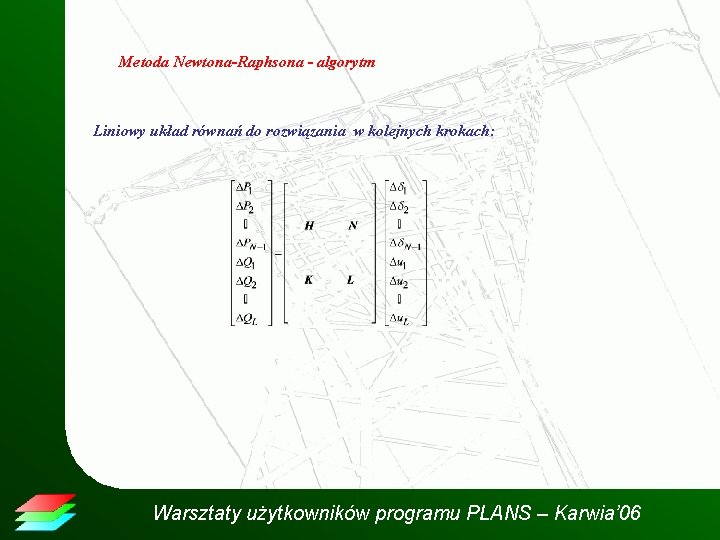 Metoda Newtona-Raphsona - algorytm Liniowy układ równań do rozwiązania w kolejnych krokach: Warsztaty użytkowników