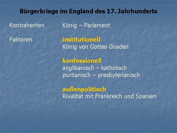 Bürgerkriege im England des 17. Jahrhunderts Kontrahenten König – Parlament Faktoren institutionell König von