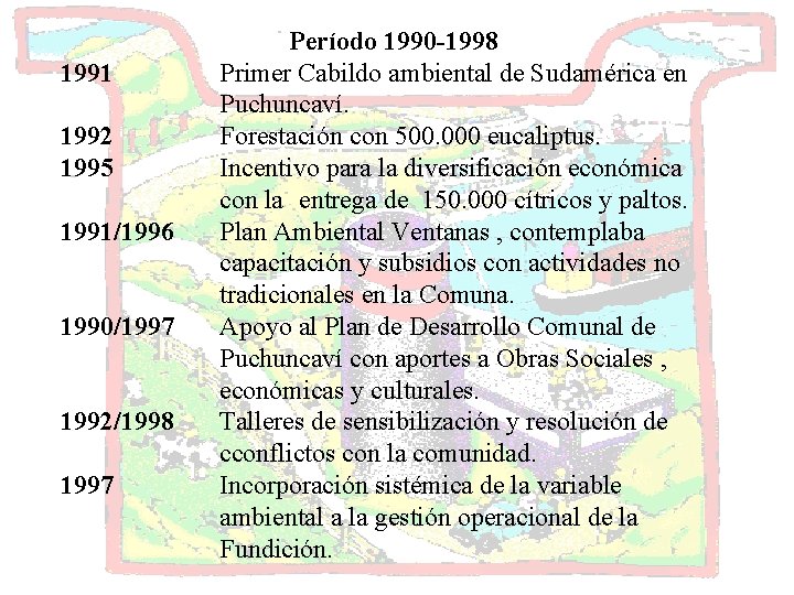 1991 1992 1995 1991/1996 1990/1997 1992/1998 1997 Período 1990 -1998 Primer Cabildo ambiental de