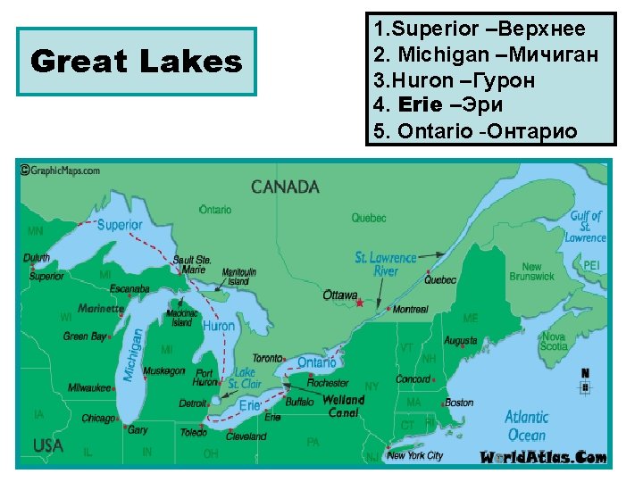 Great Lakes 1. Superior –Верхнее 2. Michigan –Мичиган 3. Huron –Гурон 4. Erie –Эри