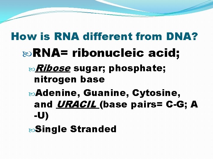 How is RNA different from DNA? RNA= ribonucleic acid; Ribose sugar; phosphate; nitrogen base