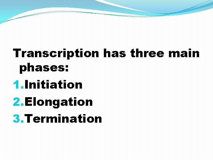 Transcription has three main phases: 1. Initiation 2. Elongation 3. Termination 