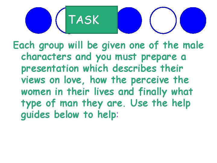 TASK Each group will be given one of the male characters and you must