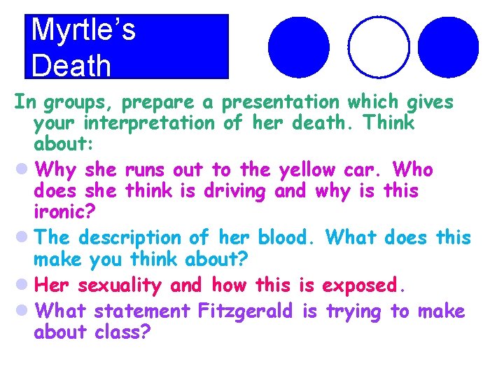 Myrtle’s Death In groups, prepare a presentation which gives your interpretation of her death.