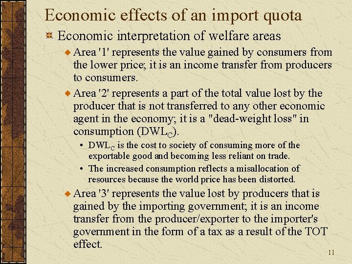 Economic effects of an import quota Economic interpretation of welfare areas Area '1' represents