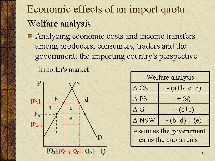 Economic effects of an import quota Welfare analysis Analyzing economic costs and income transfers
