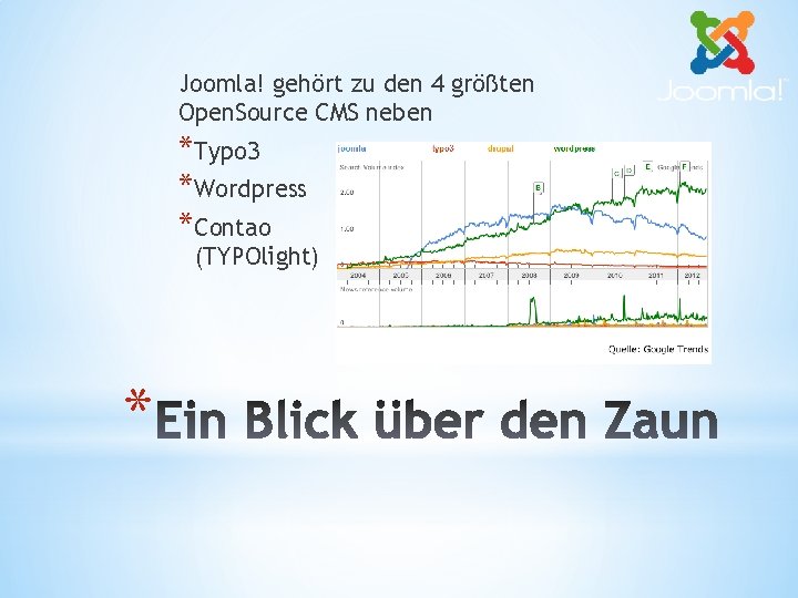 Joomla! gehört zu den 4 größten Open. Source CMS neben *Typo 3 *Wordpress *Contao