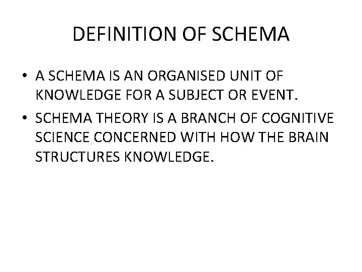 DEFINITION OF SCHEMA • A SCHEMA IS AN ORGANISED UNIT OF KNOWLEDGE FOR A