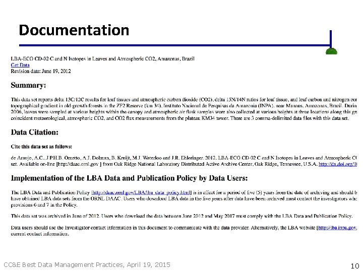 Documentation CC&E Best Data Management Practices, April 19, 2015 10 