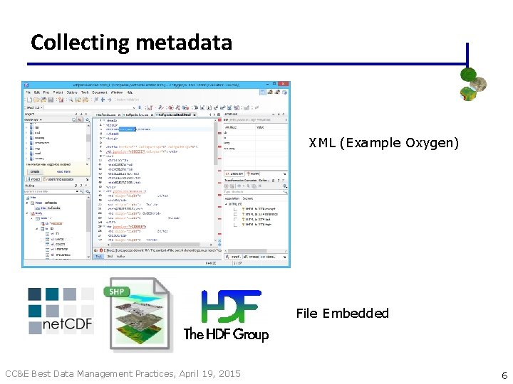 Collecting metadata XML (Example Oxygen) File Embedded CC&E Best Data Management Practices, April 19,