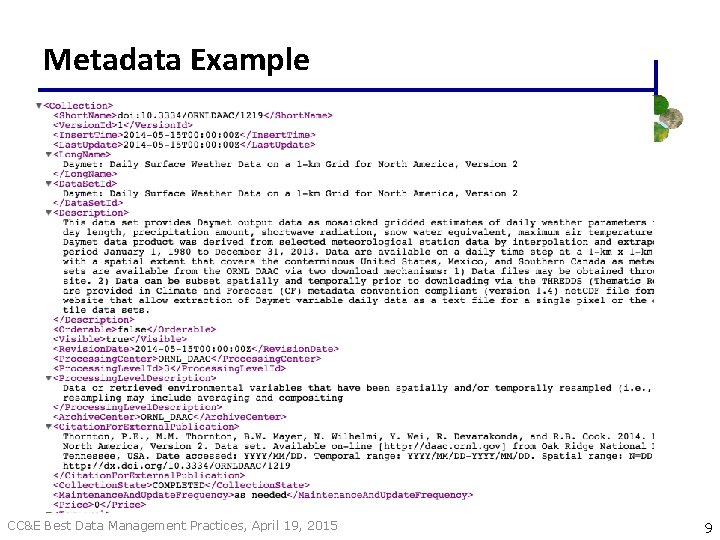 Metadata Example CC&E Best Data Management Practices, April 19, 2015 9 