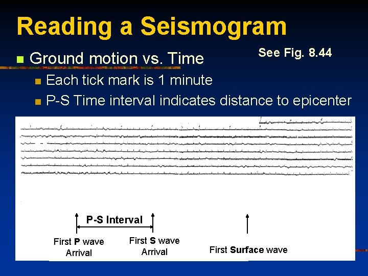 Reading a Seismogram n Ground motion vs. Time n n See Fig. 8. 44