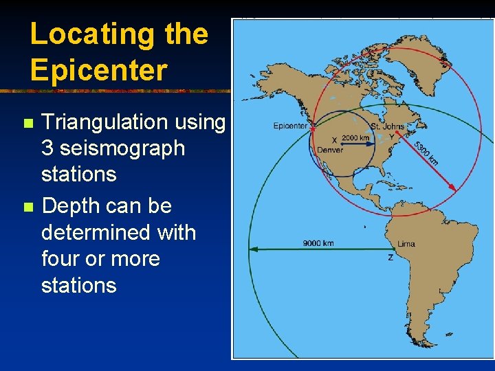Locating the Epicenter n n Triangulation using 3 seismograph stations Depth can be determined