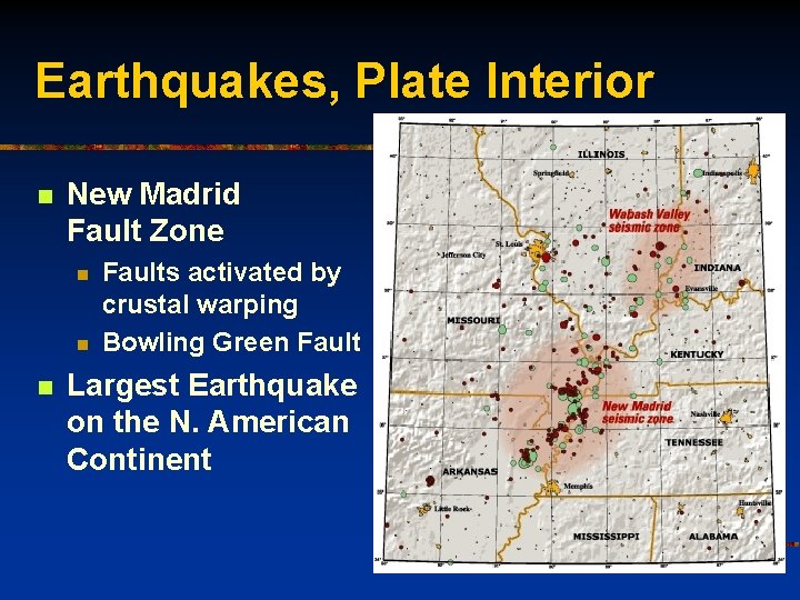 Earthquakes, Plate Interior n New Madrid Fault Zone n n n Faults activated by