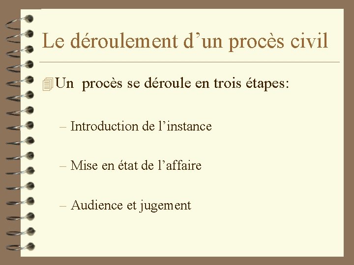 Le déroulement d’un procès civil 4 Un procès se déroule en trois étapes: –