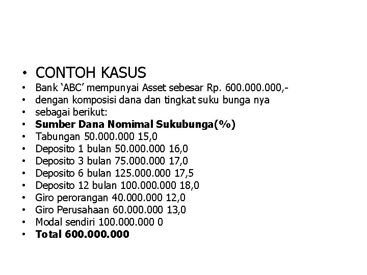  • CONTOH KASUS • • • • Bank ‘ABC’ mempunyai Asset sebesar Rp.
