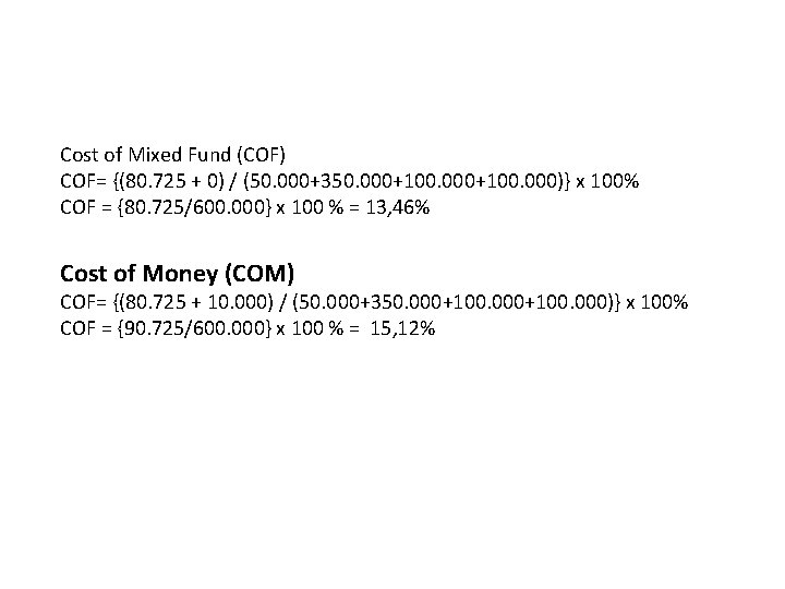 Cost of Mixed Fund (COF) COF= {(80. 725 + 0) / (50. 000+350. 000+100.