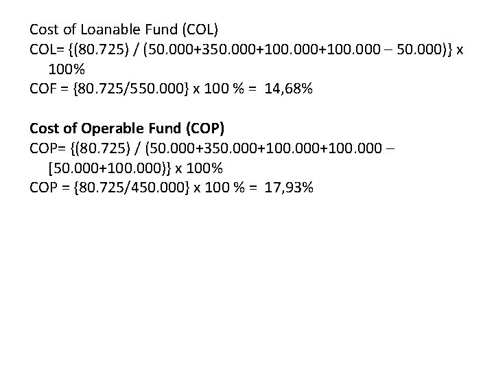 Cost of Loanable Fund (COL) COL= {(80. 725) / (50. 000+350. 000+100. 000 –
