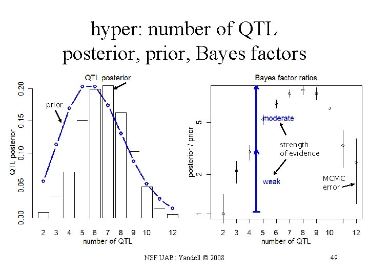 hyper: number of QTL posterior, prior, Bayes factors prior strength of evidence MCMC error