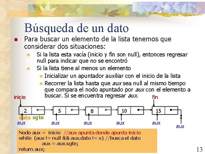 Búsqueda de un dato n Para buscar un elemento de la lista tenemos que
