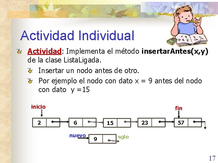Actividad Individual Actividad: Implementa el método insertar. Antes(x, y) de la clase Lista. Ligada.