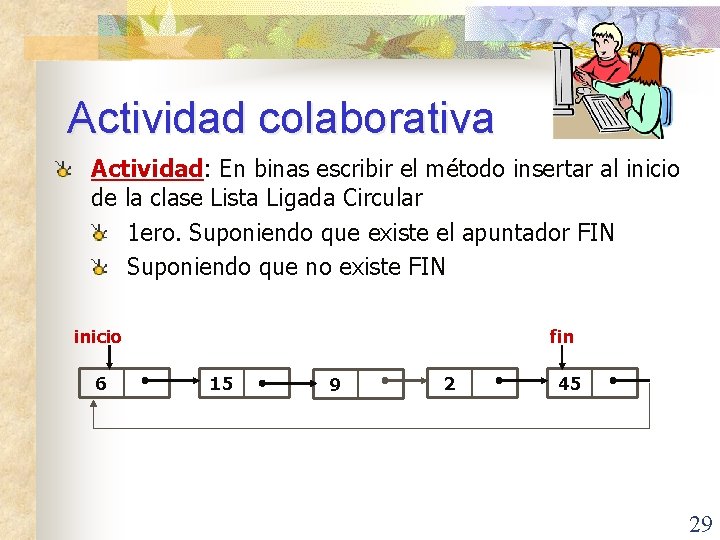 Actividad colaborativa Actividad: En binas escribir el método insertar al inicio de la clase