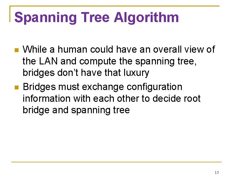 Spanning Tree Algorithm While a human could have an overall view of the LAN