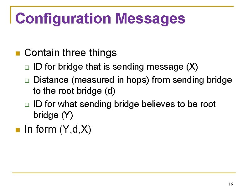 Configuration Messages Contain three things ID for bridge that is sending message (X) Distance