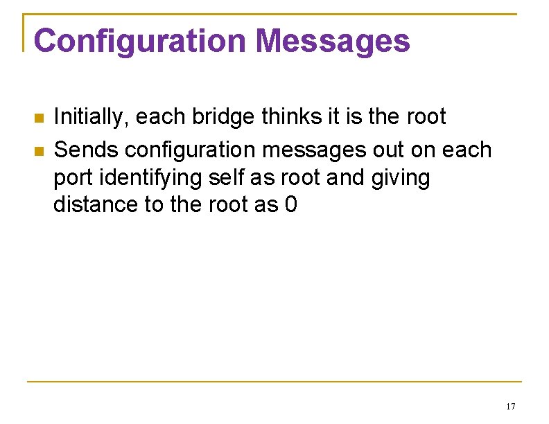 Configuration Messages Initially, each bridge thinks it is the root Sends configuration messages out