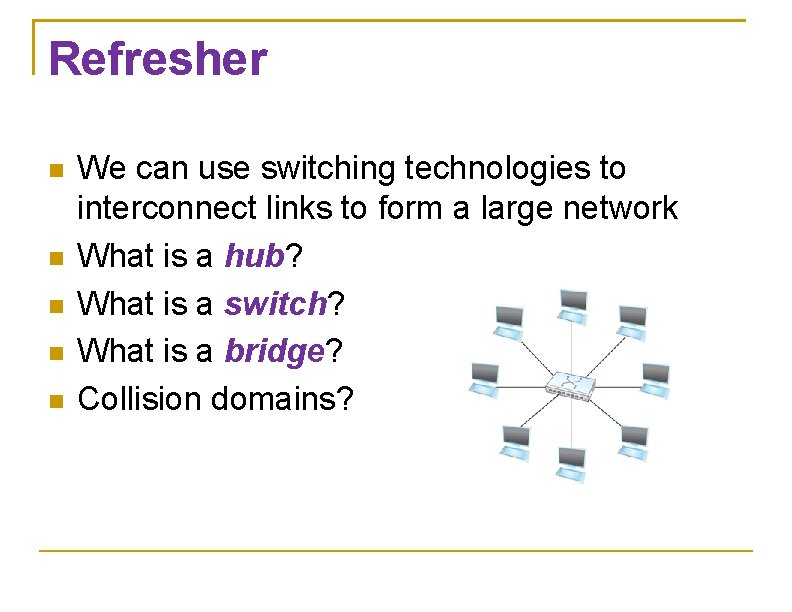 Refresher We can use switching technologies to interconnect links to form a large network
