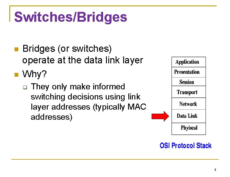 Switches/Bridges (or switches) operate at the data link layer Why? They only make informed