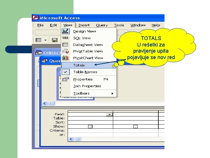 TOTALS U rešetki za pravljenje upita pojavljuje se nov red 