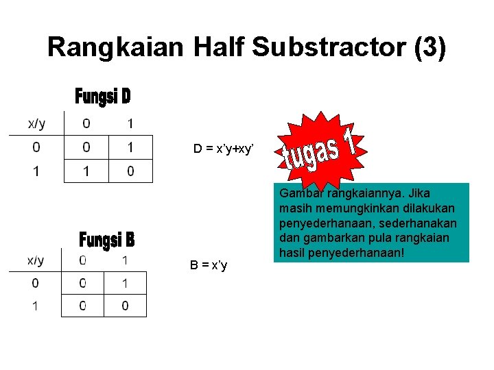 Rangkaian Half Substractor (3) D = x’y+xy’ B = x’y Gambar rangkaiannya. Jika masih