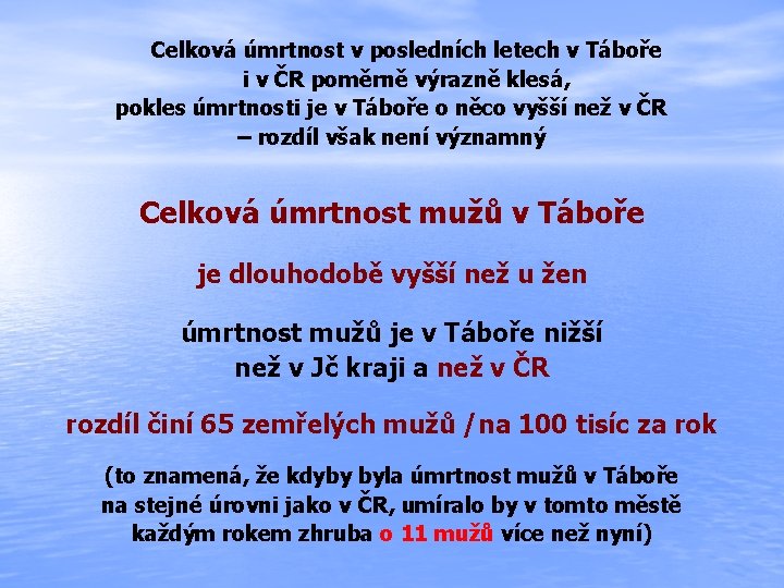 Celková úmrtnost v posledních letech v Táboře i v ČR poměrně výrazně klesá, pokles