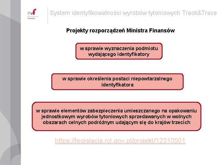 System identyfikowalności wyrobów tytoniowych Track&Trace Projekty rozporządzeń Ministra Finansów w sprawie wyznaczenia podmiotu wydającego