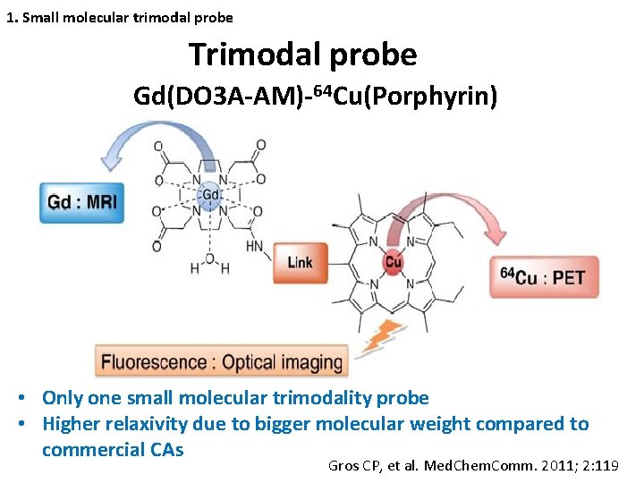 1. Small molecular trimodal probe Trimodal probe Gd(DO 3 A-AM)-64 Cu(Porphyrin) • Only one