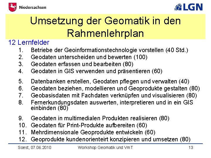 Umsetzung der Geomatik in den Rahmenlehrplan 12 Lernfelder 1. 2. 3. 4. Betriebe der
