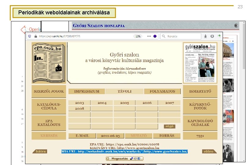 23 Periodikák weboldalainak archiválása 