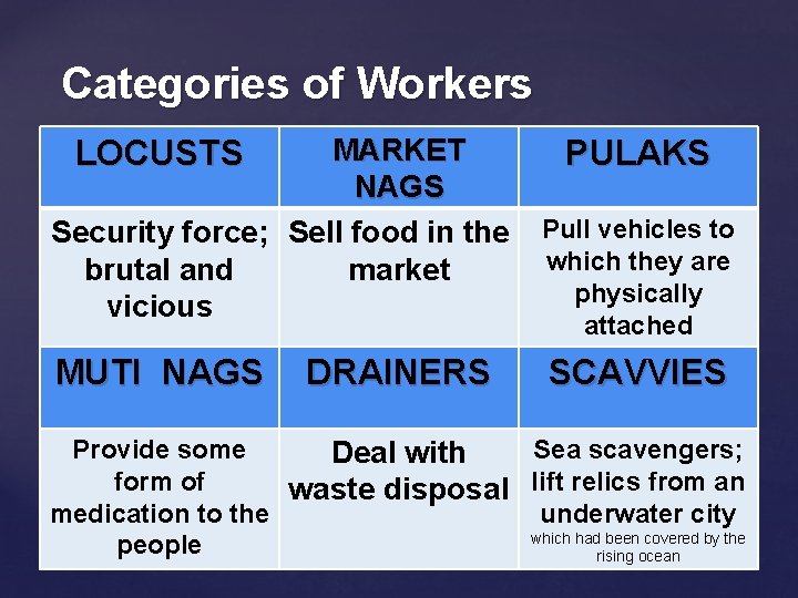 Categories of Workers MARKET NAGS Security force; Sell food in the brutal and market