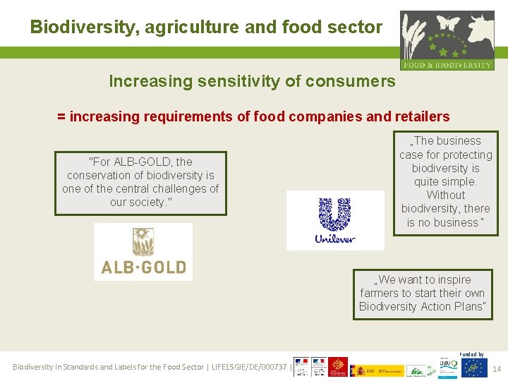 Biodiversity, agriculture and food sector Increasing sensitivity of consumers = increasing requirements of food