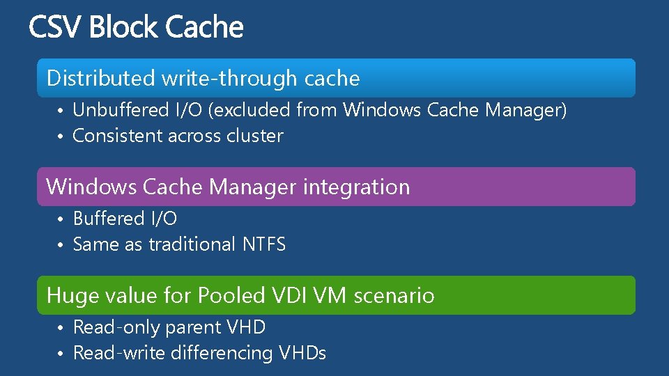 Distributed write-through cache • Unbuffered I/O (excluded from Windows Cache Manager) • Consistent across Distributed write-through cache • Unbuffered I/O (excluded from Windows Cache Manager) • Consistent across