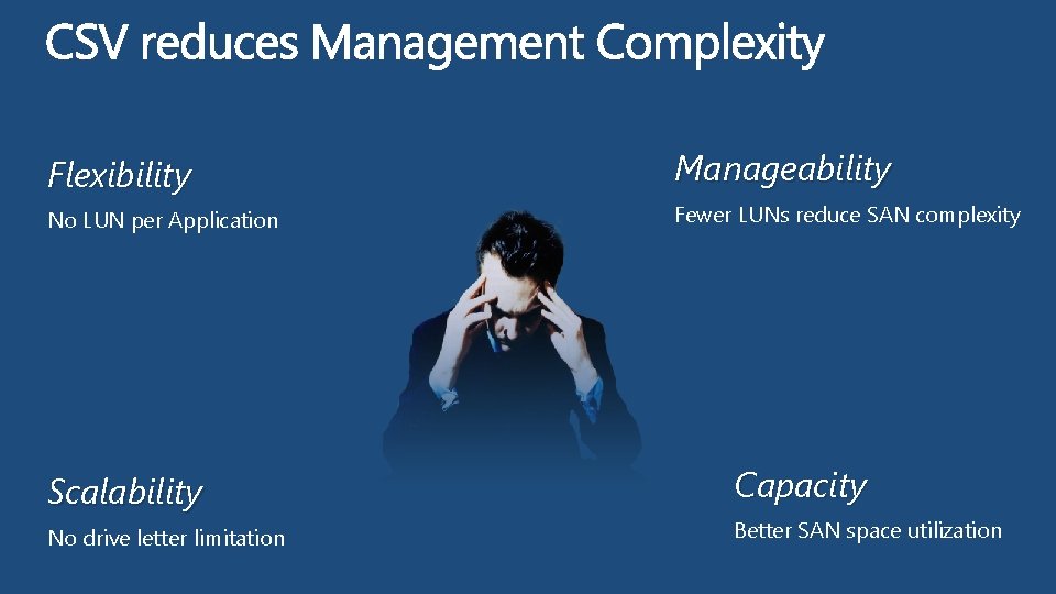 Flexibility Manageability No LUN per Application Fewer LUNs reduce SAN complexity Scalability No drive Flexibility Manageability No LUN per Application Fewer LUNs reduce SAN complexity Scalability No drive