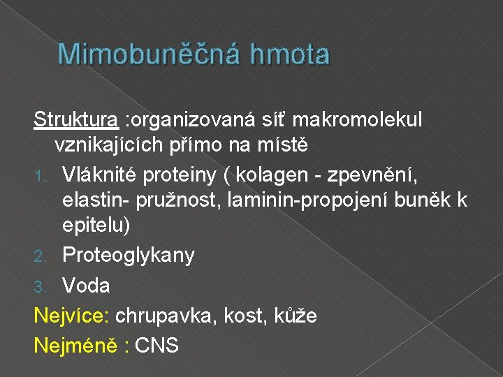 Mimobuněčná hmota Struktura : organizovaná síť makromolekul vznikajících přímo na místě 1. Vláknité proteiny