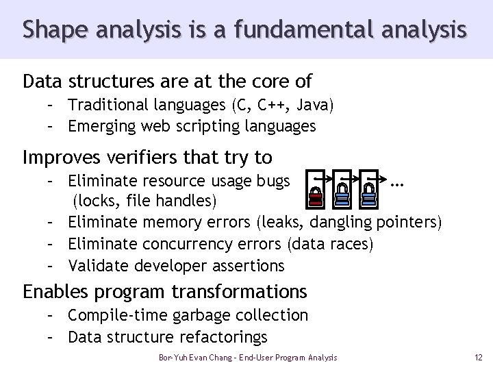 Shape analysis is a fundamental analysis Data structures are at the core of –