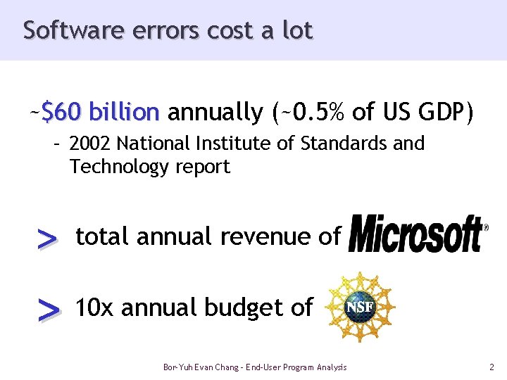Software errors cost a lot ~$60 billion annually (~0. 5% of US GDP) –